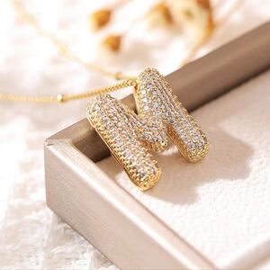 18k Gold Letter M Initial Necklace Micro-Set Zirconia Jewelry